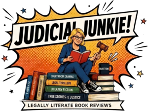 Illustration of a woman with a gavel reading a book sitting atop a stack of books with the banner "Judicial Junkie!" behind her in a comic style.